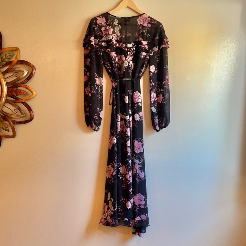 NWT WAYF black floral pink flounce chiffon maxi wrap dress - Picture 10 of 14